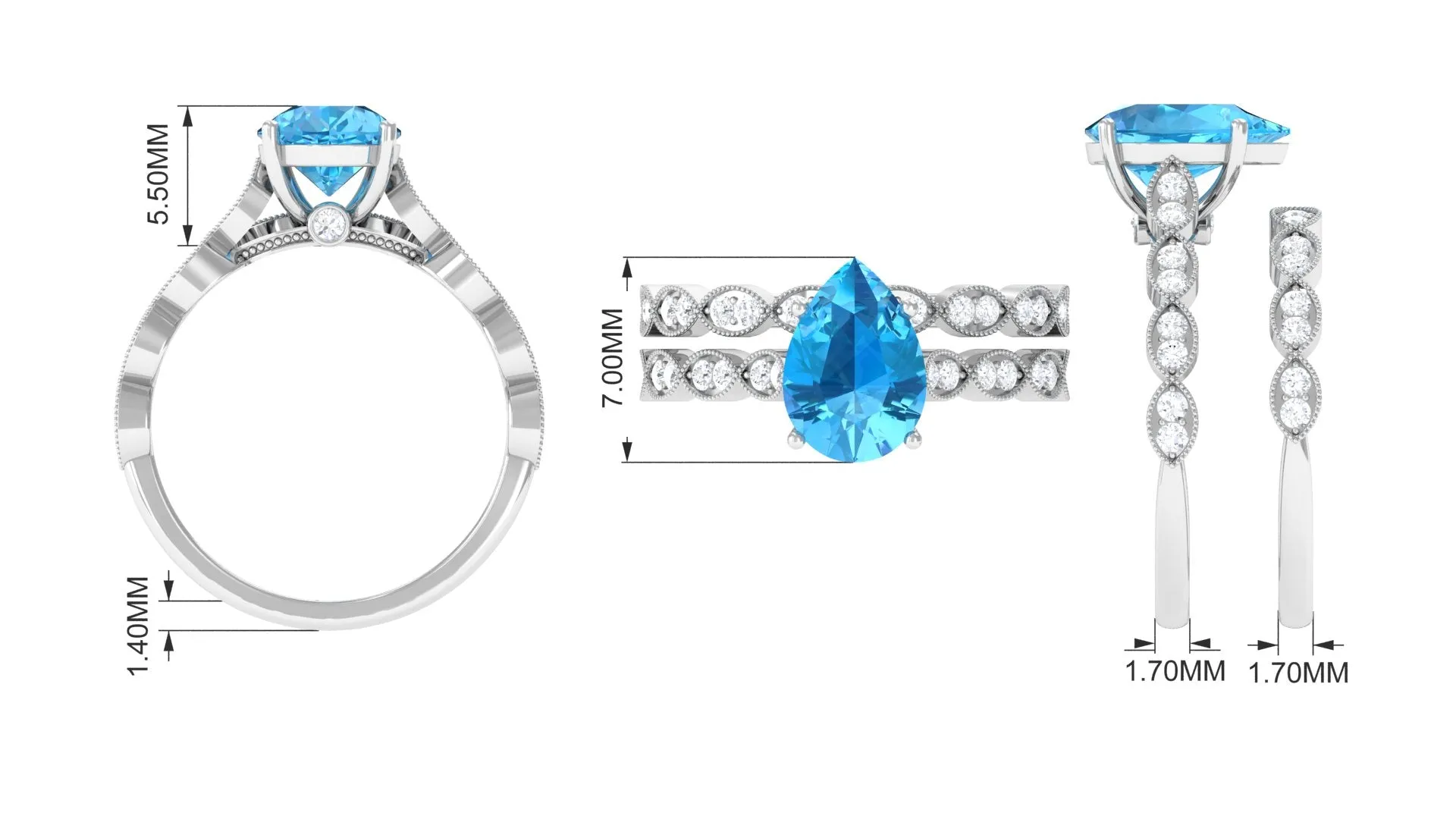 1.50 CT Swiss Blue Topaz and Moissanite Engagement Ring Set
