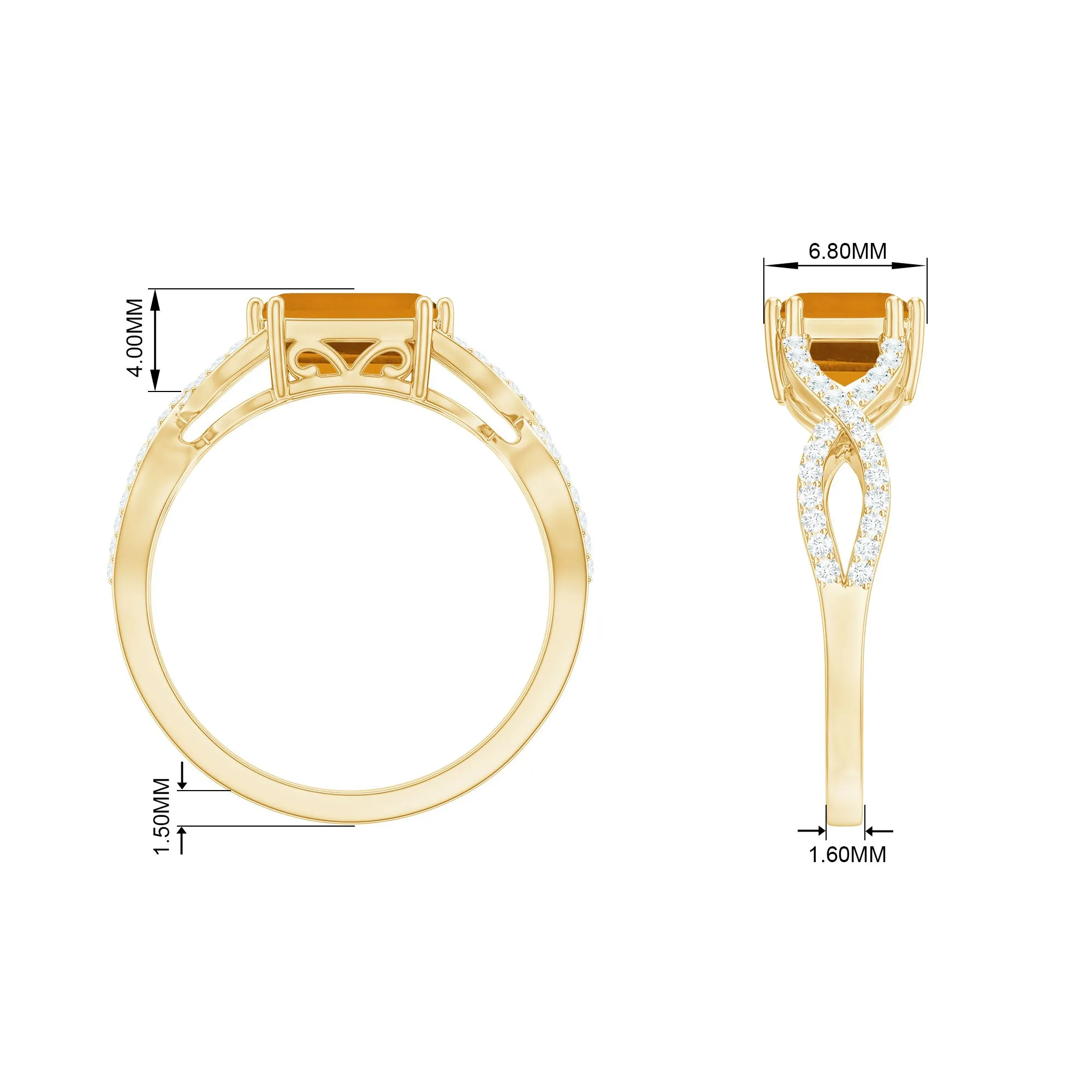 2 CT Emerald Cut Citrine East-West Crossover Ring with Diamond