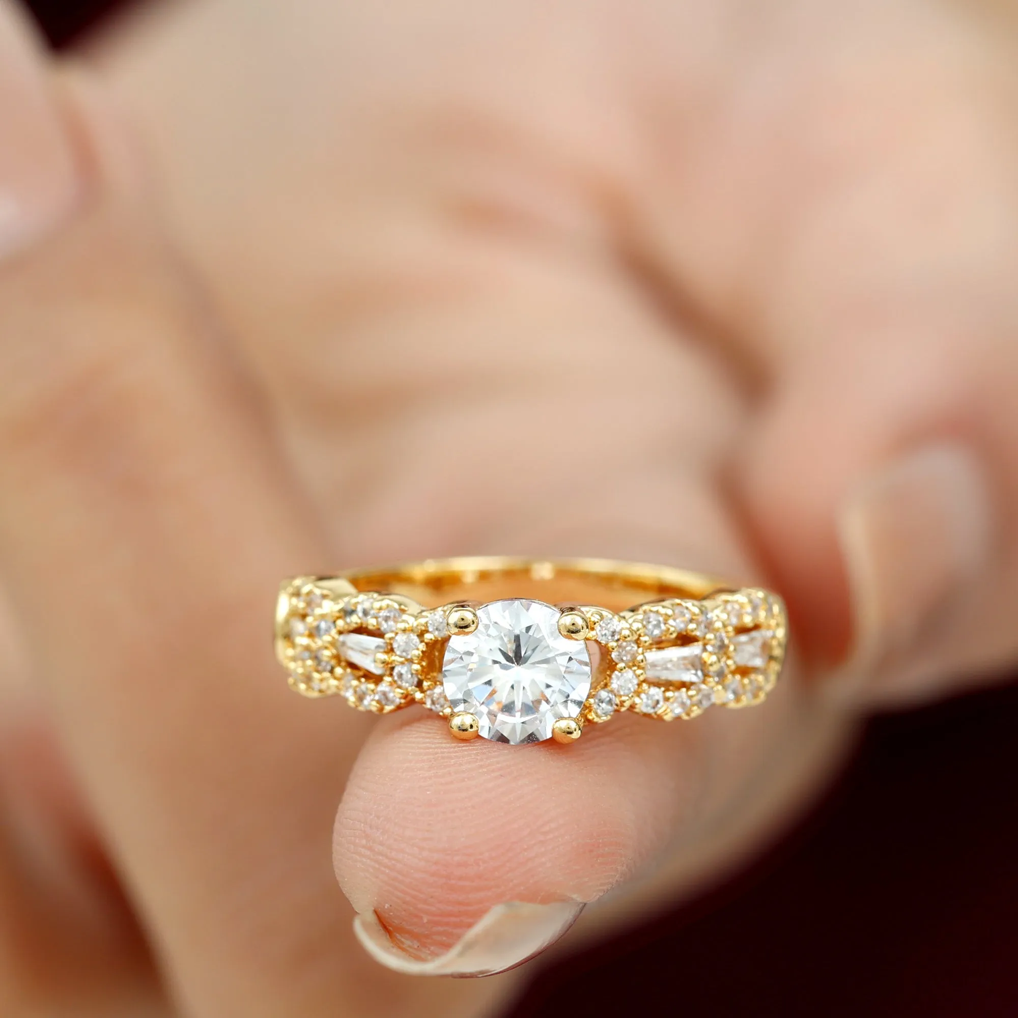 2 CT Round and Baguette Moissanite Designer Solitaire Engagement Ring