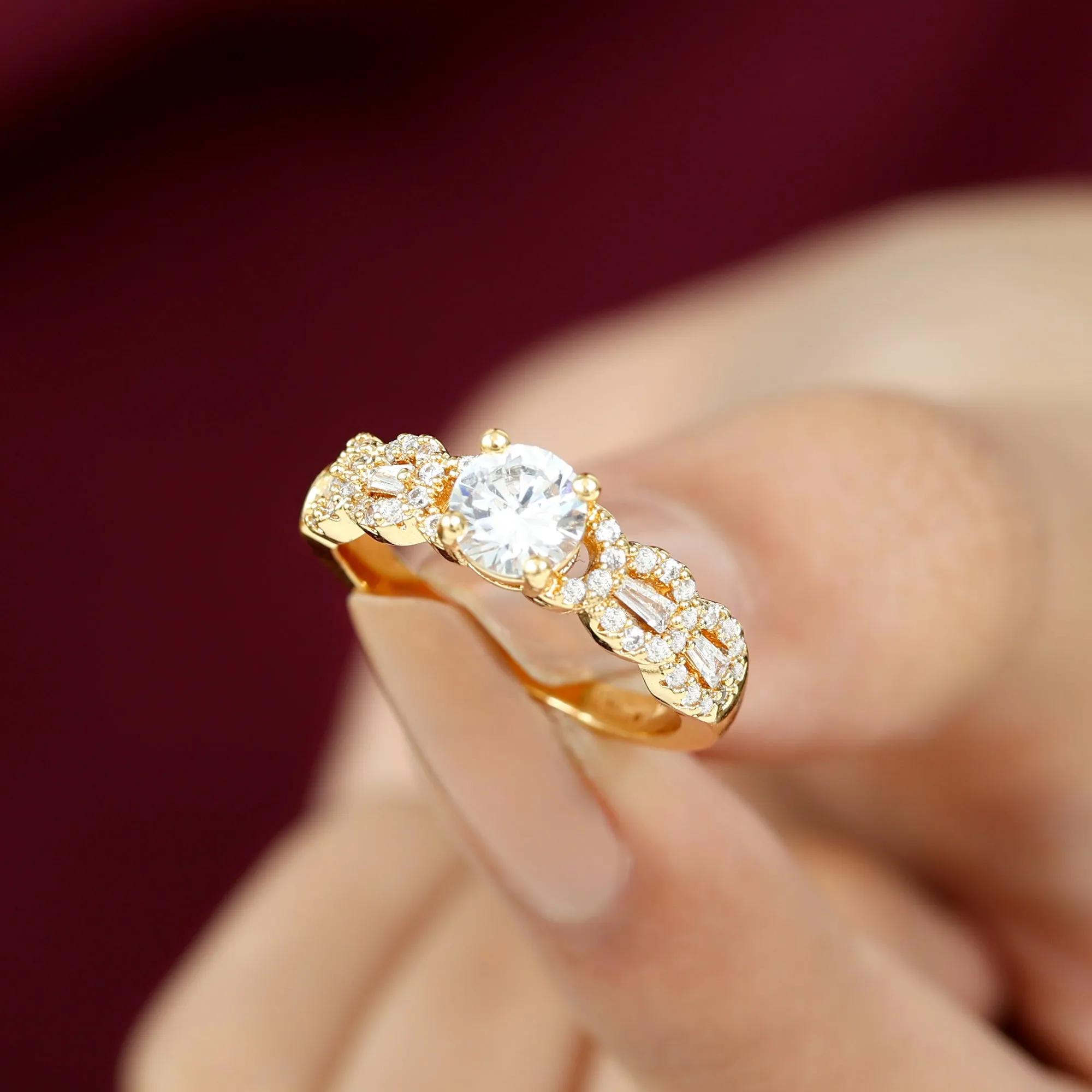 2 CT Round and Baguette Moissanite Designer Solitaire Engagement Ring