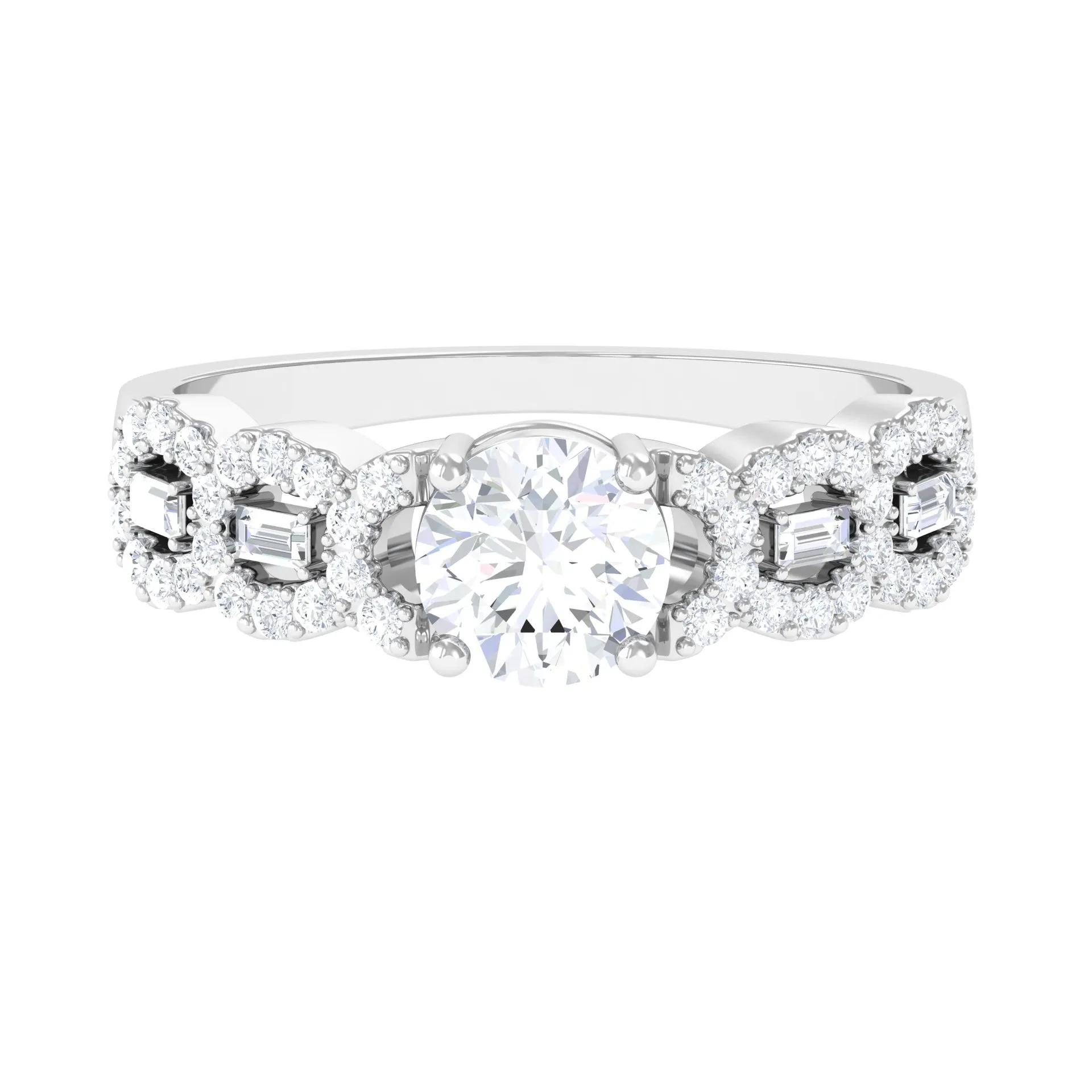 2 CT Round and Baguette Moissanite Designer Solitaire Engagement Ring