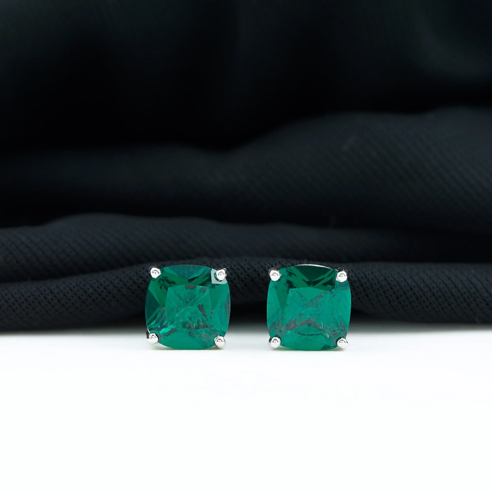 3 CT Cushion Cut Created Emerald Solitaire Stud Earring