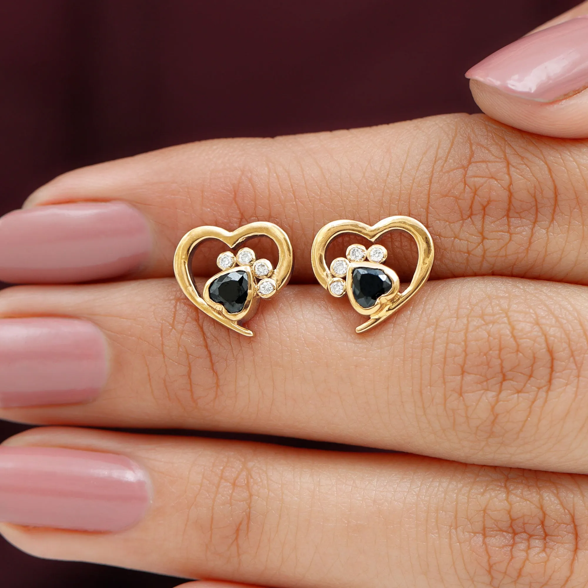 3/4 CT Heart Shape Black Onyx and Diamond Paw Stud Earrings
