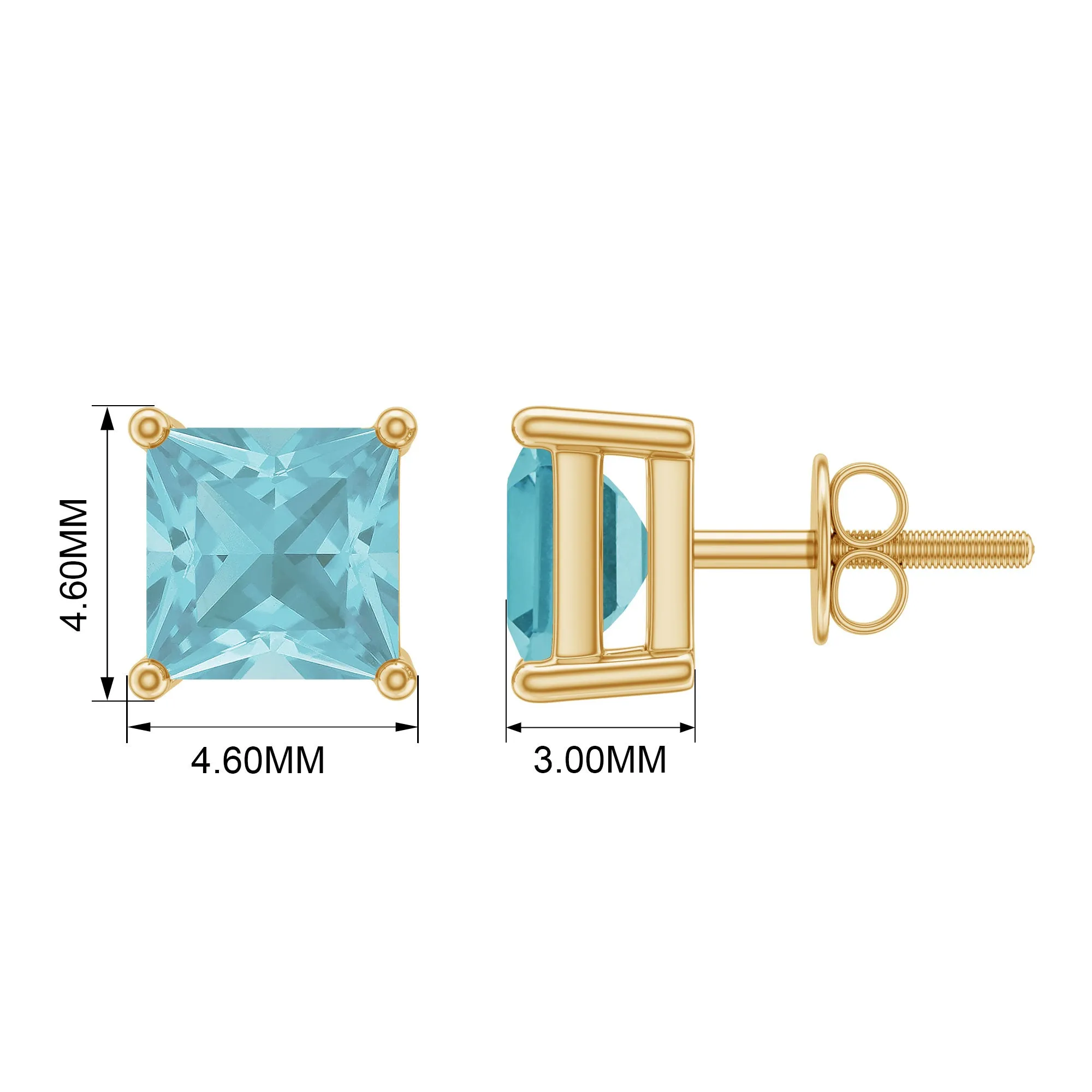 4 MM Princess Cut Sky Blue Topaz Solitaire Stud Earrings