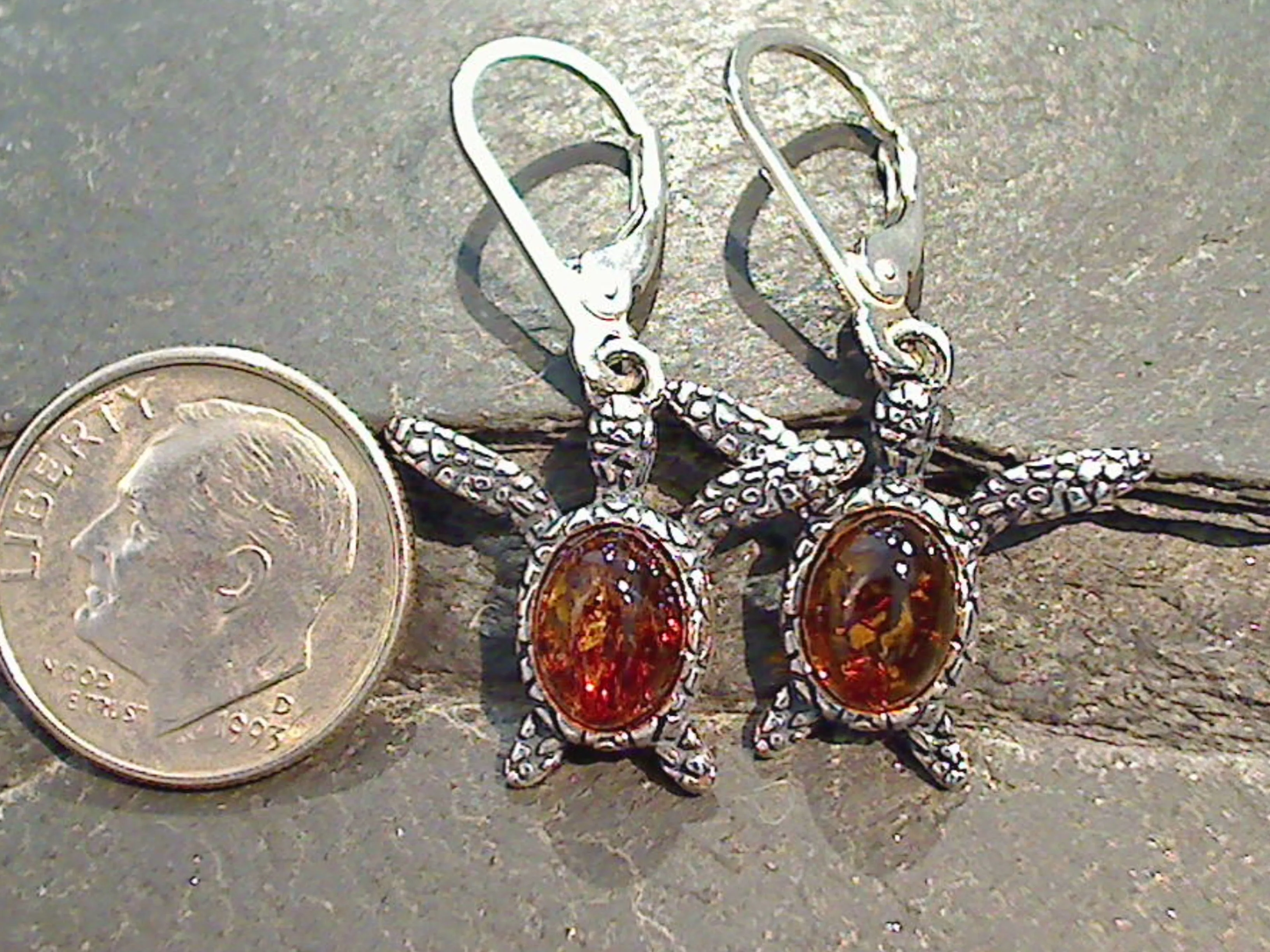 Amber, Sterling Silver Sea Turtle Earrings