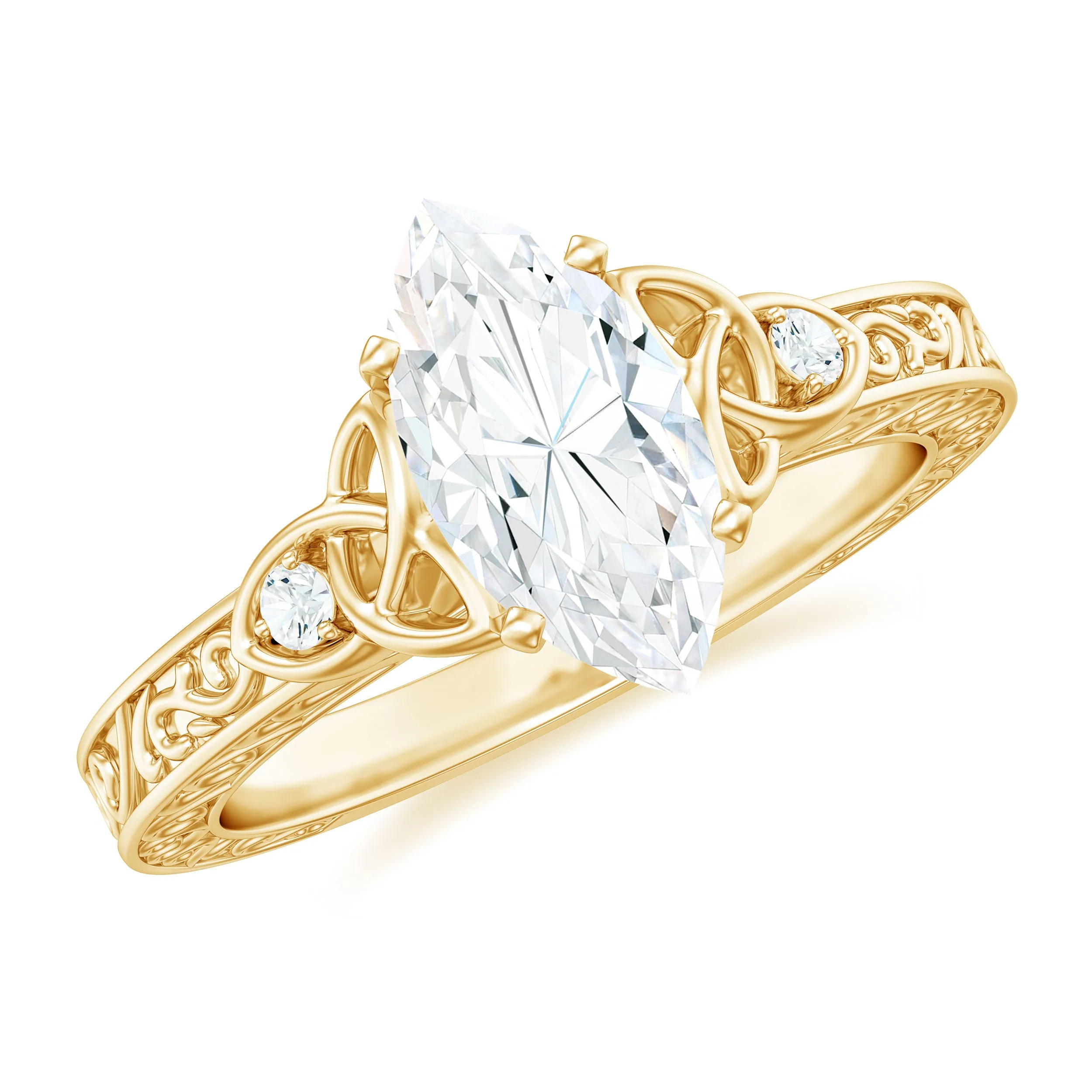 Antique Style Marquise Cut Moissanite Solitaire Celtic Knot Ring in Gold