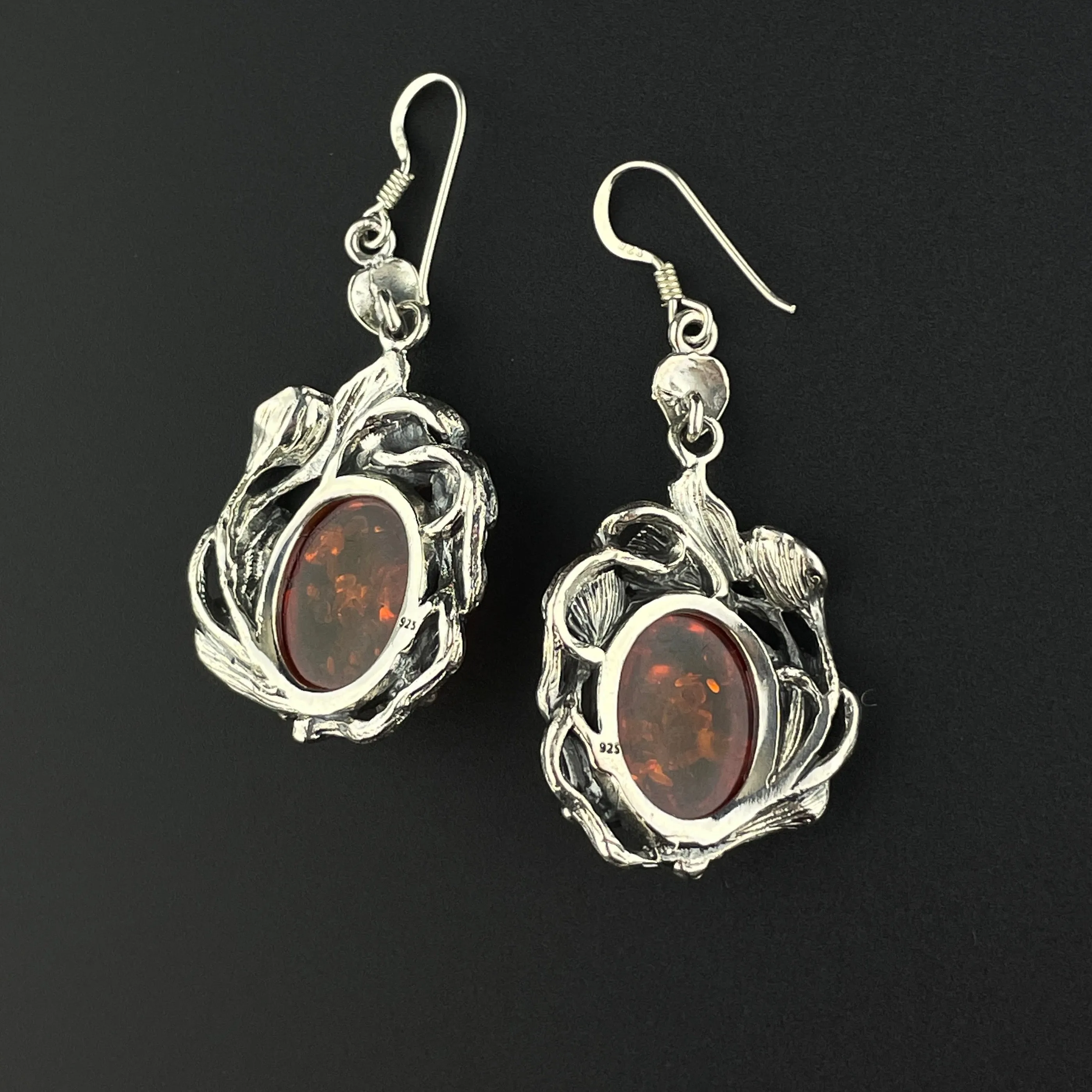 Arts and Crafts Style Silver Floral Baltic Amber Earrings
