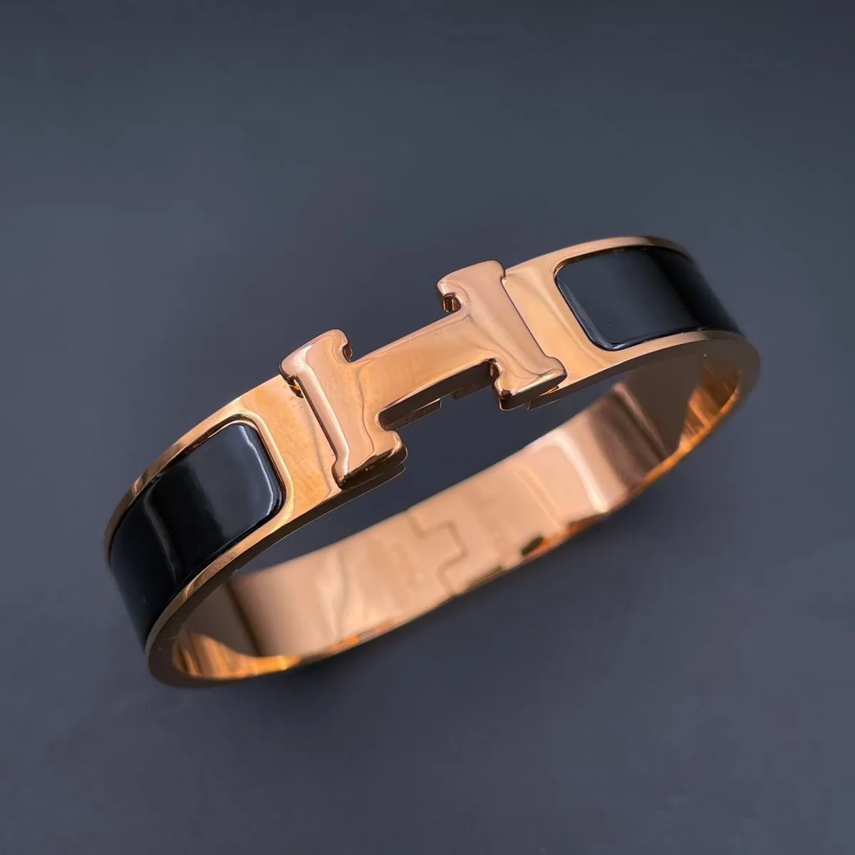 Black Enamel Rose Gold Stainless Steel Openable Cuff Kada Bracelet For Women