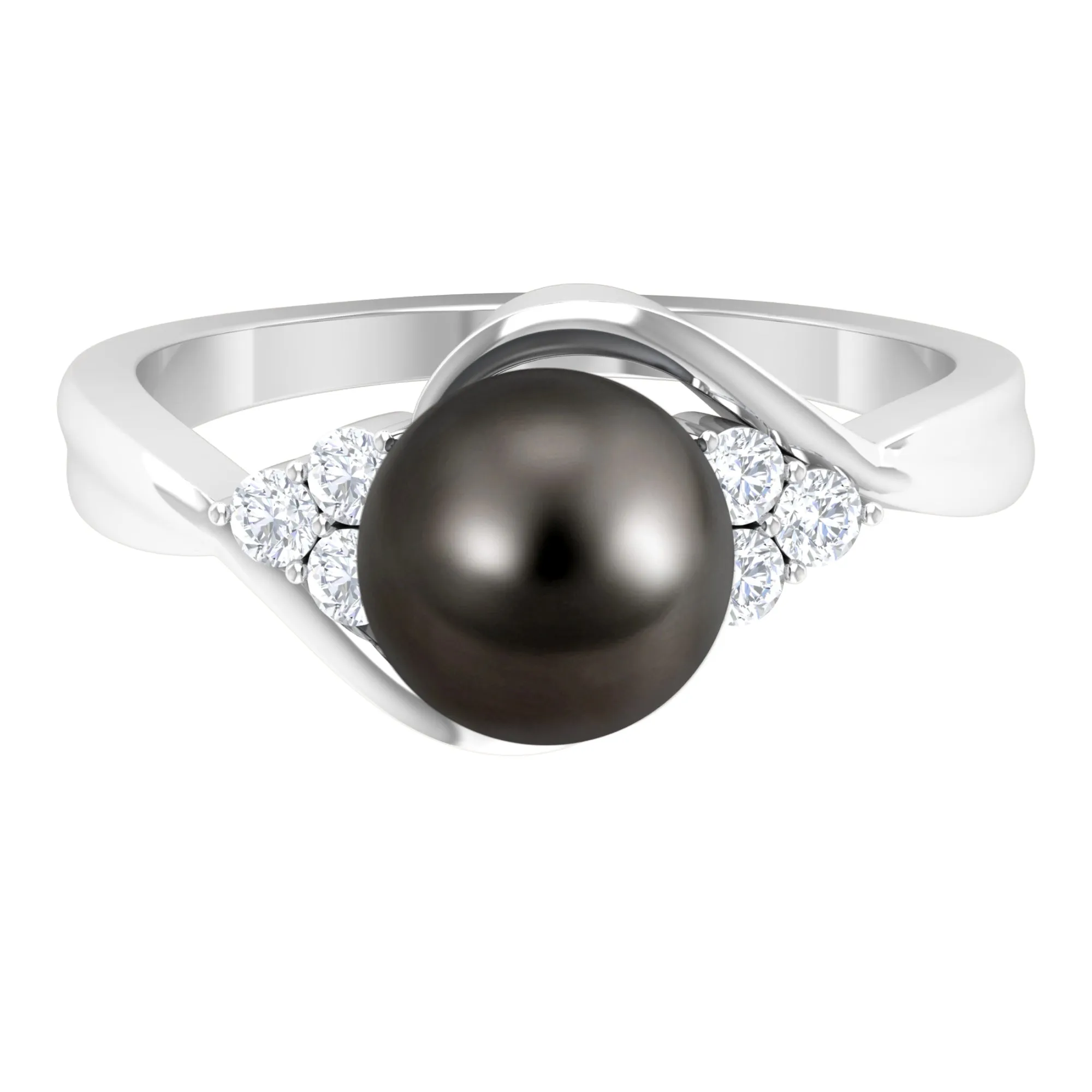 Bypass Tahitian Pearl Engagement Ring with Diamond Trio