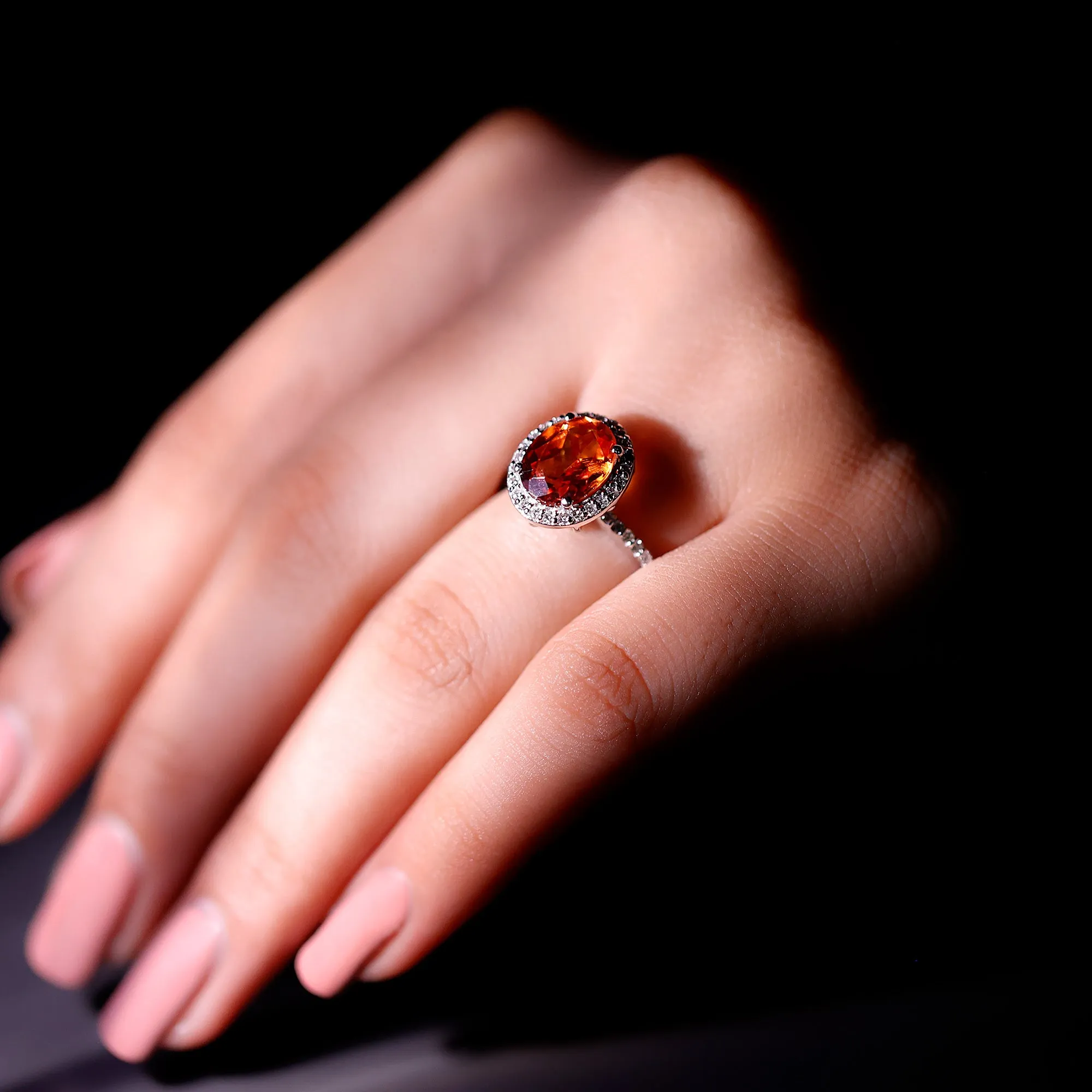 Created Orange Sapphire and Diamond Halo Engagement Ring