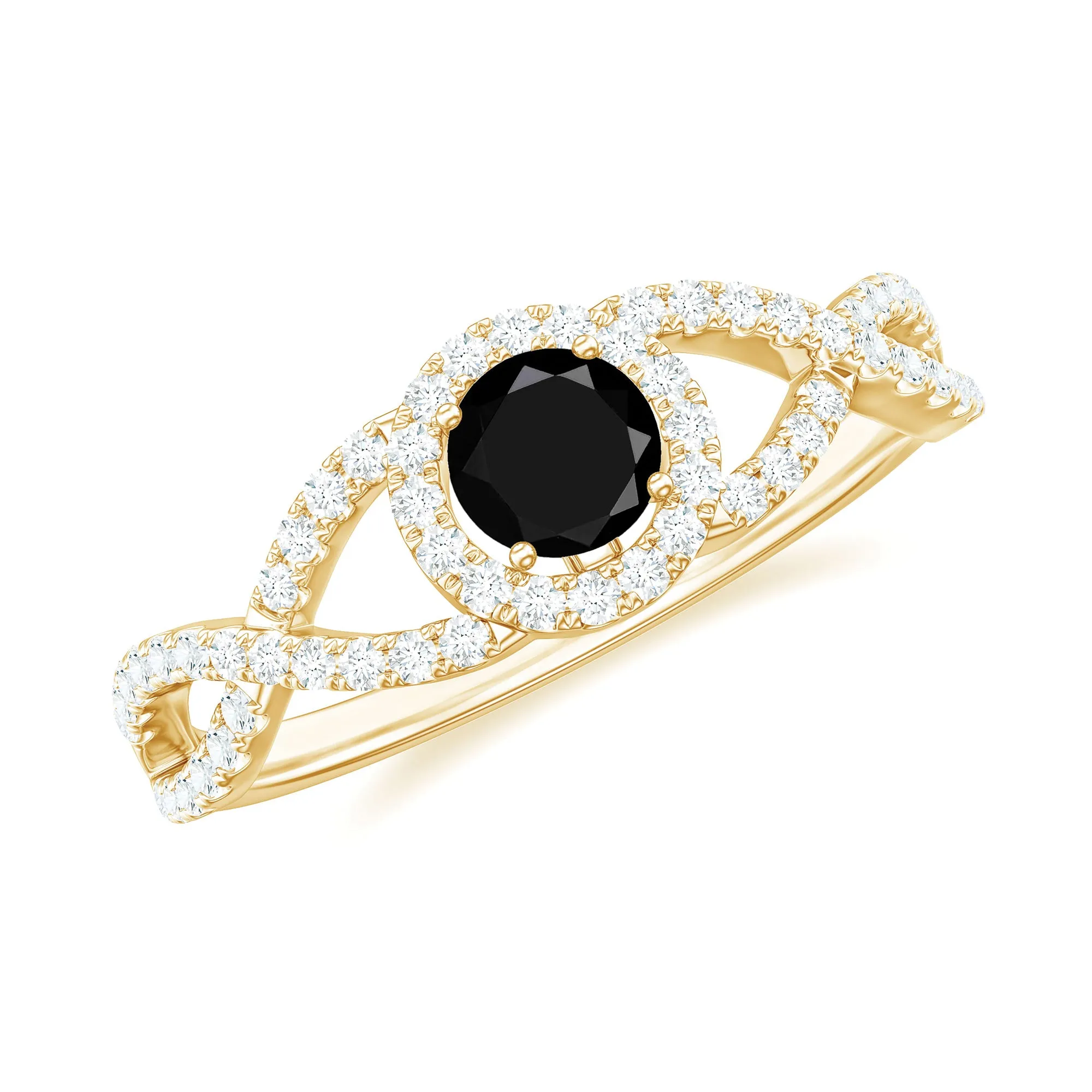 Criss Cross Shank Black Onyx and Diamond Halo Engagement Ring