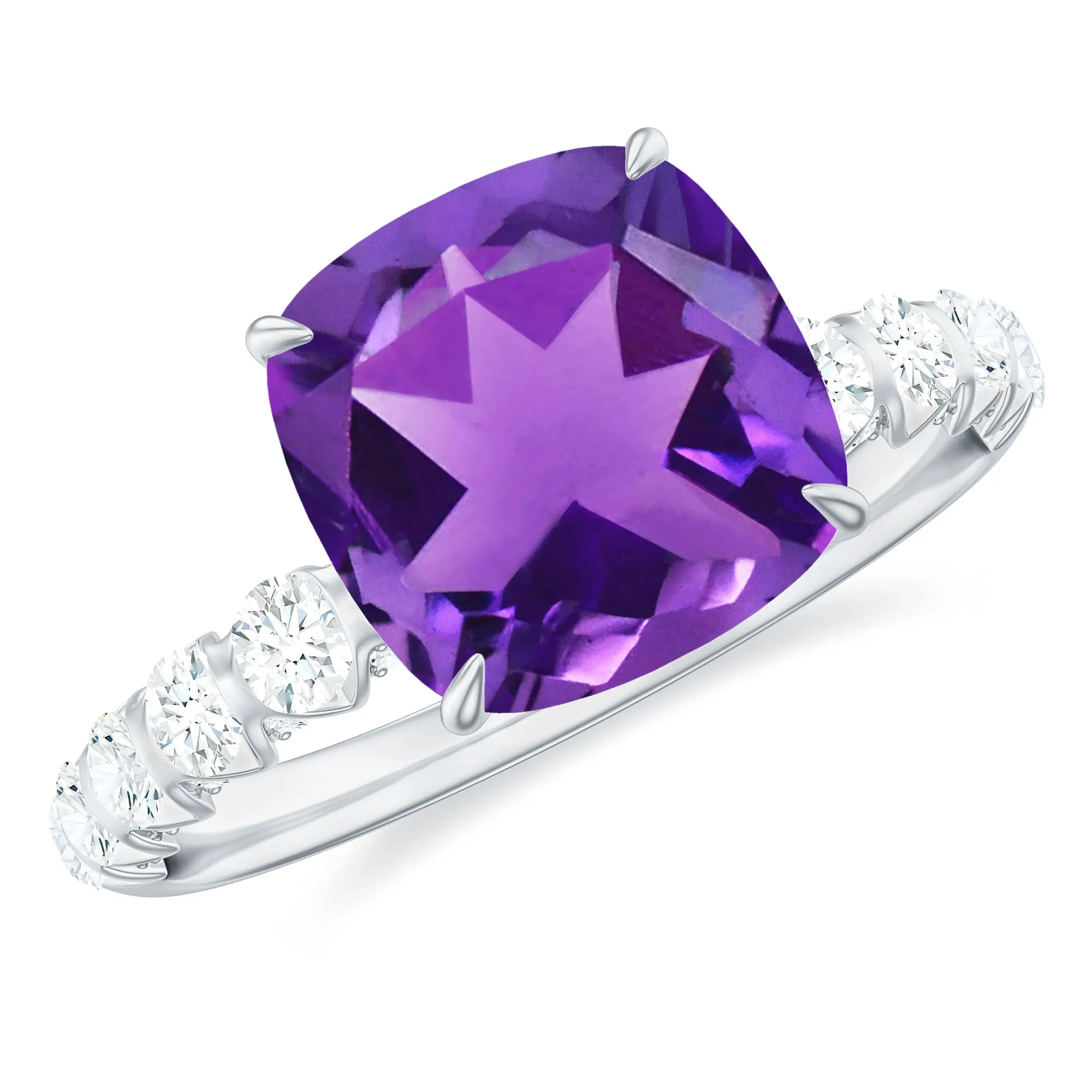 Cushion Cut Amethyst Solitaire Engagement Ring with Diamond