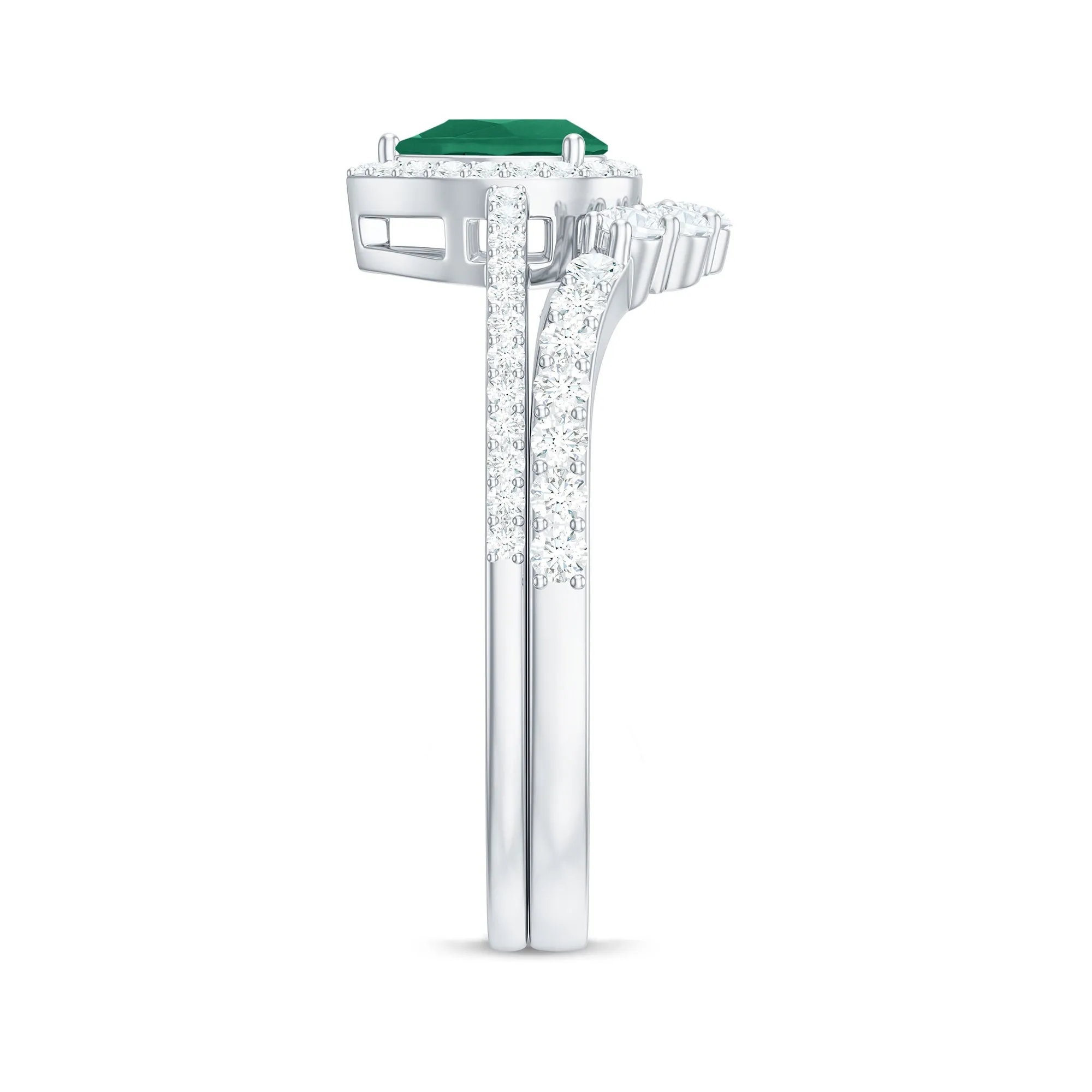 Emerald Designer Teardrop Ring Set with Diamond Halo