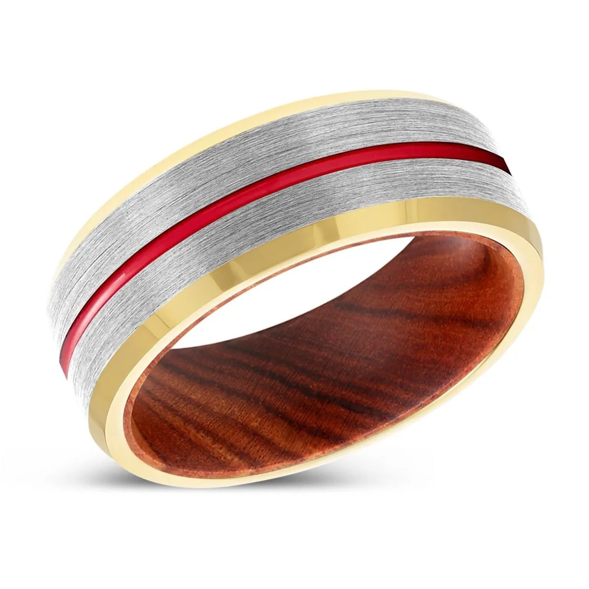 FLUX | Iron Wood, Silver Tungsten Ring, Red Groove, Gold Beveled Edge