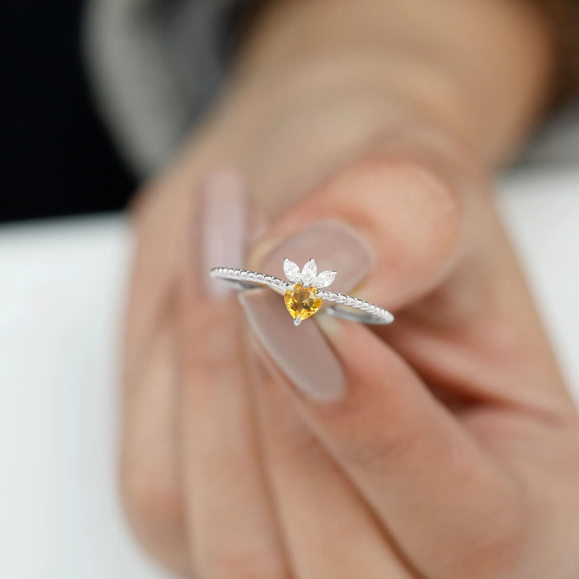 Heart Shape Citrine and Diamond Dainty Promise Ring with Beaded Detailing