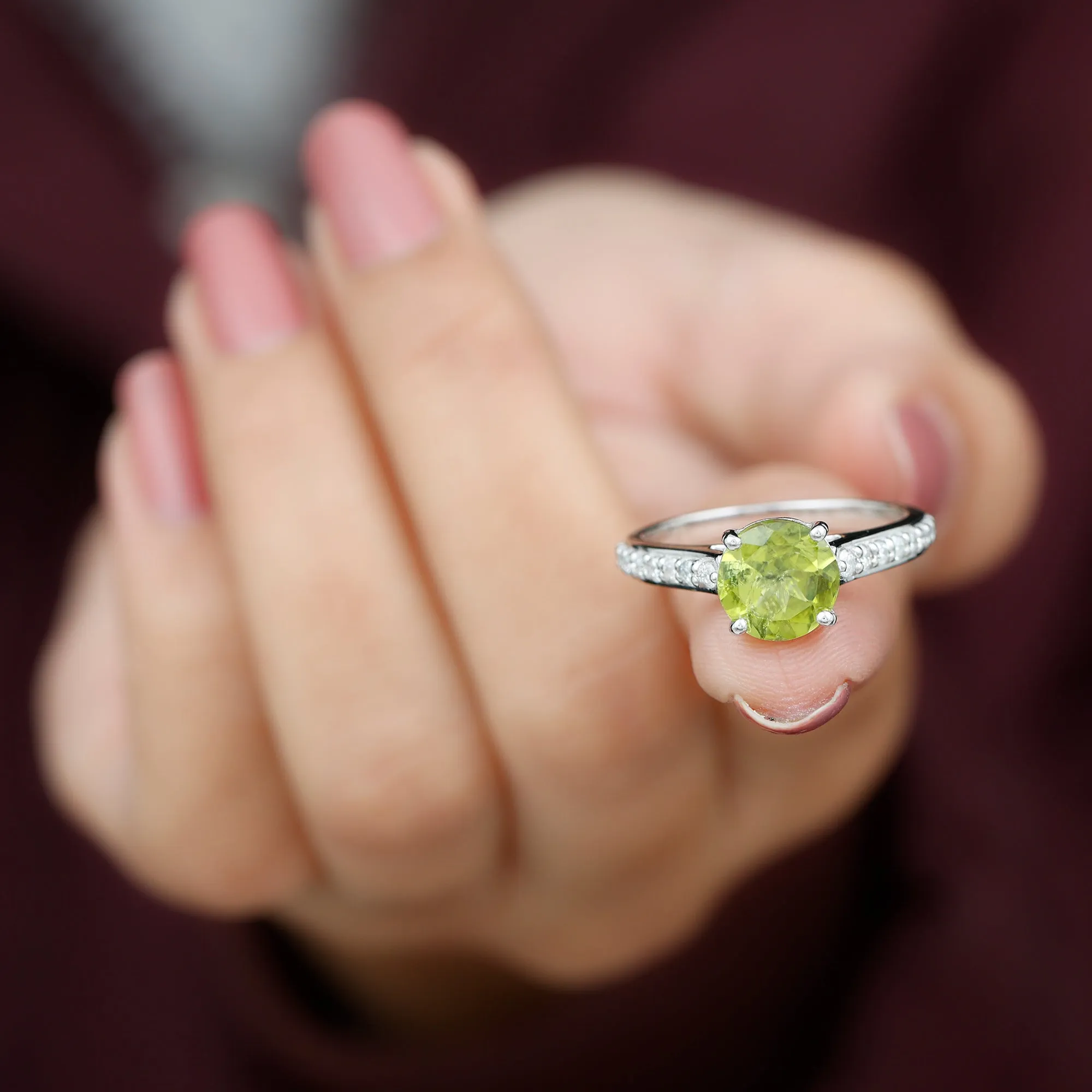 Natural Peridot Solitaire Engagement Ring with Diamond Side Stones