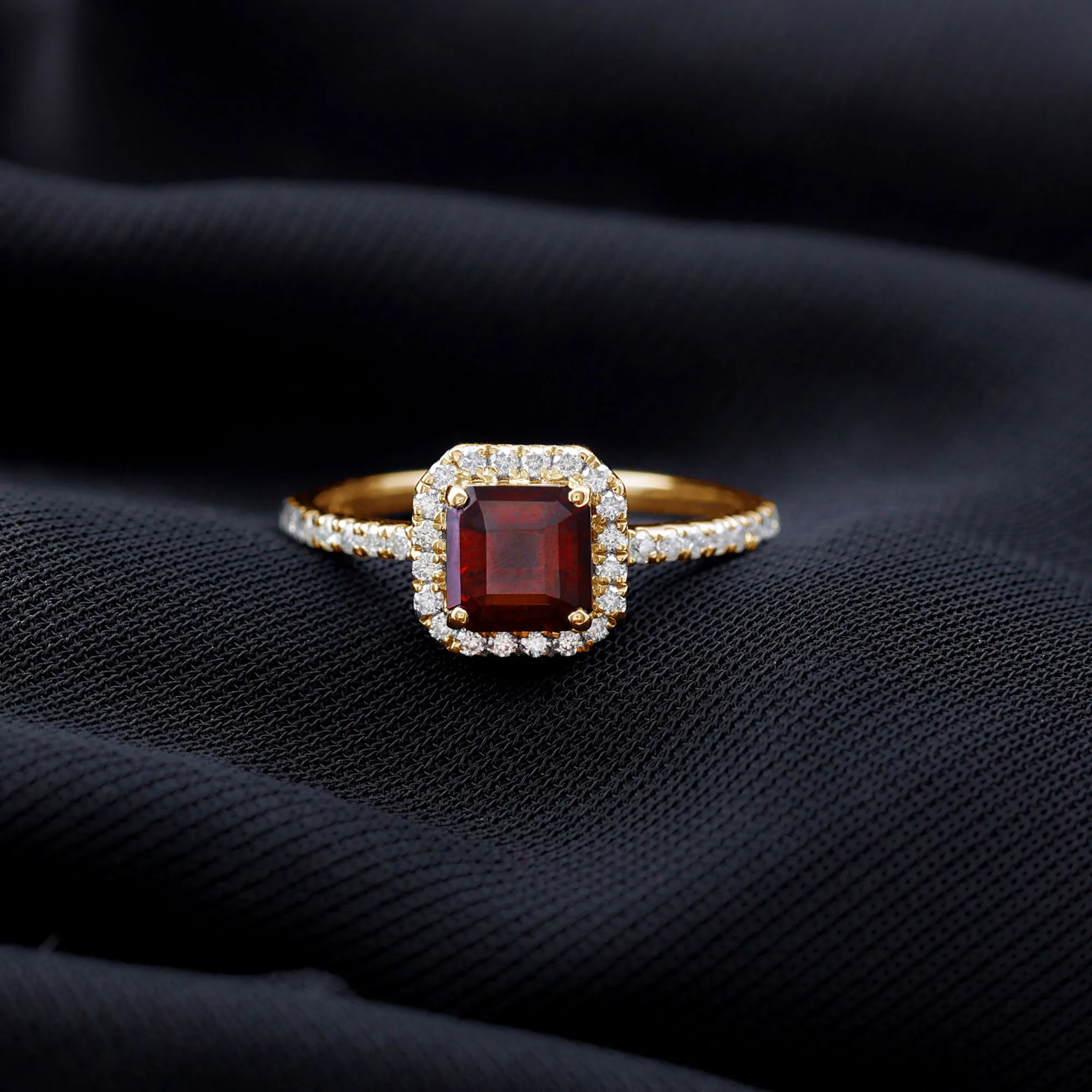 Natural Rhodolite Classic Engagement Ring With Diamond Halo