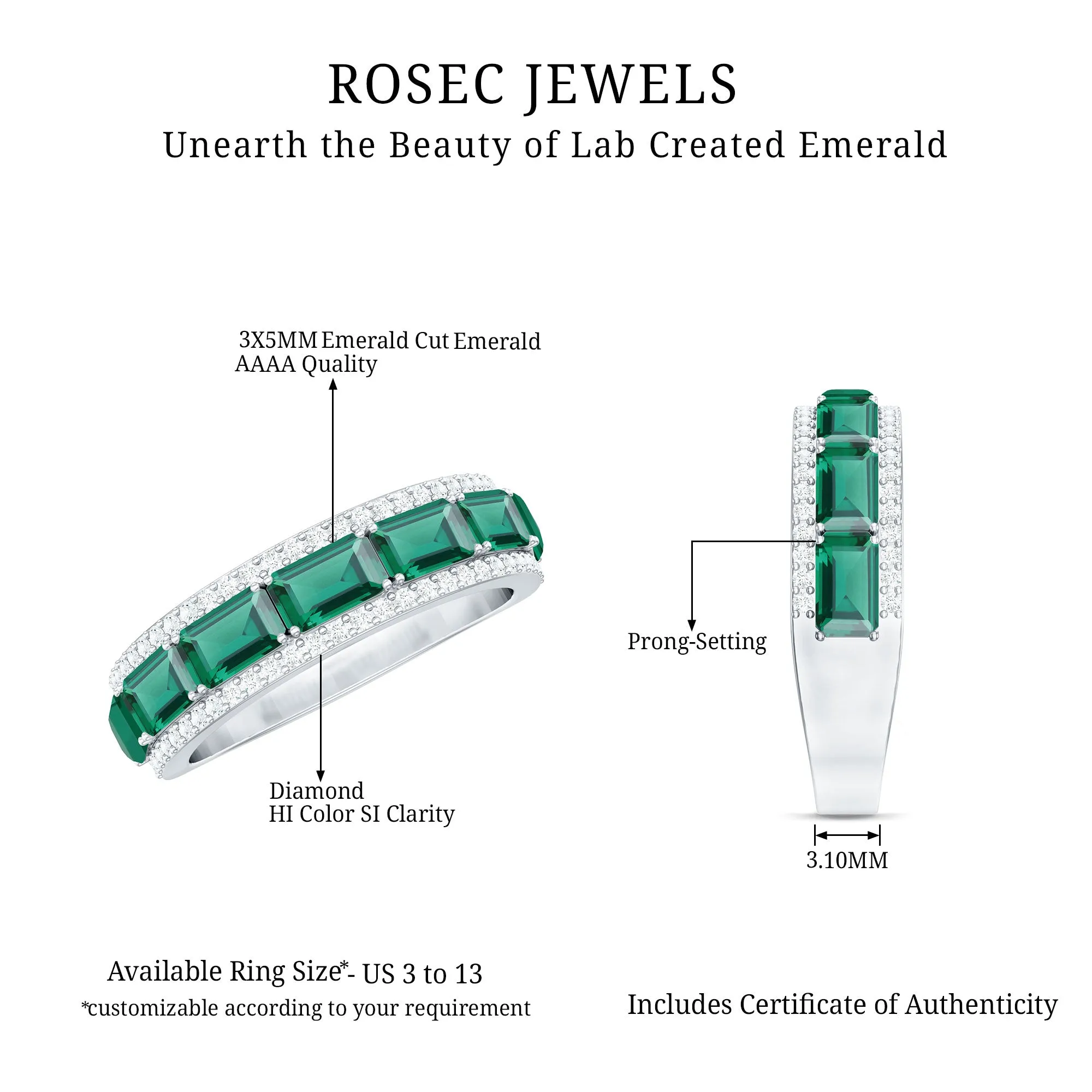 Octagon Cut Created Emerald and Diamond Half Eternity Band