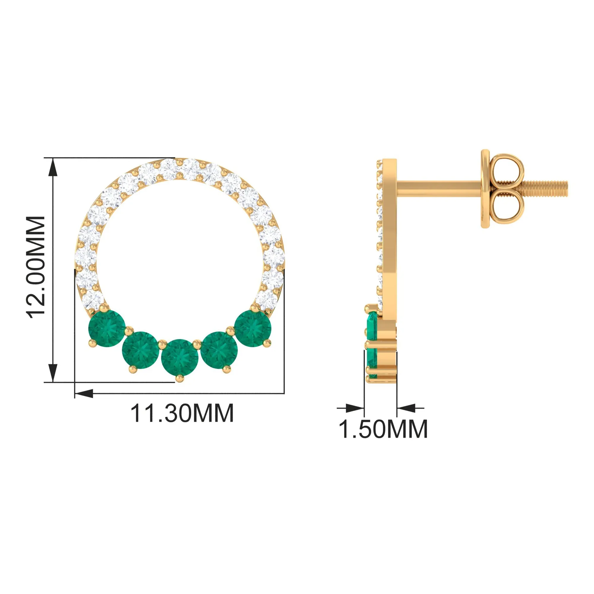 Open Circle Stud Earrings with Emerald and Diamond