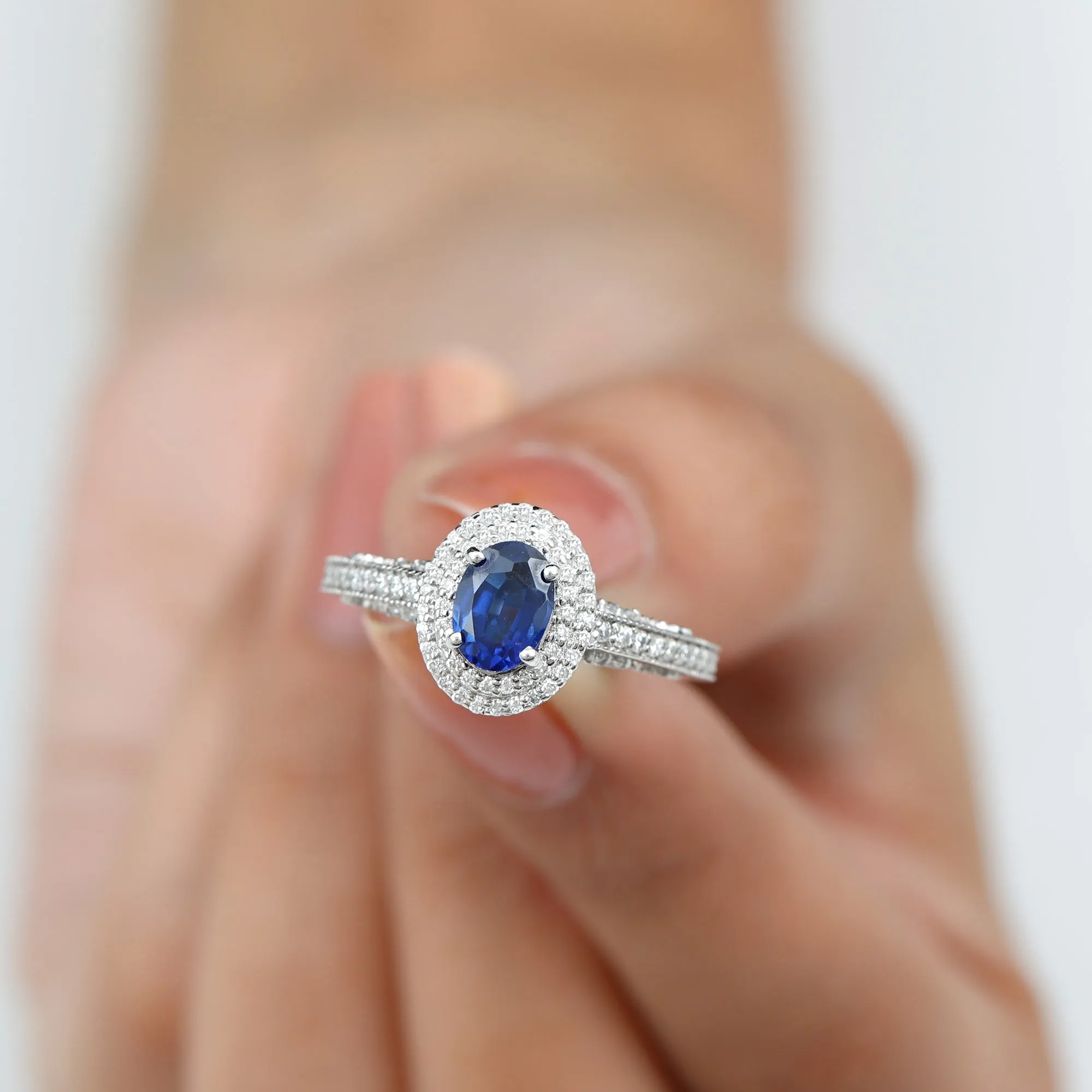 Oval Created Blue Sapphire Double Halo Engagement Ring with Diamond