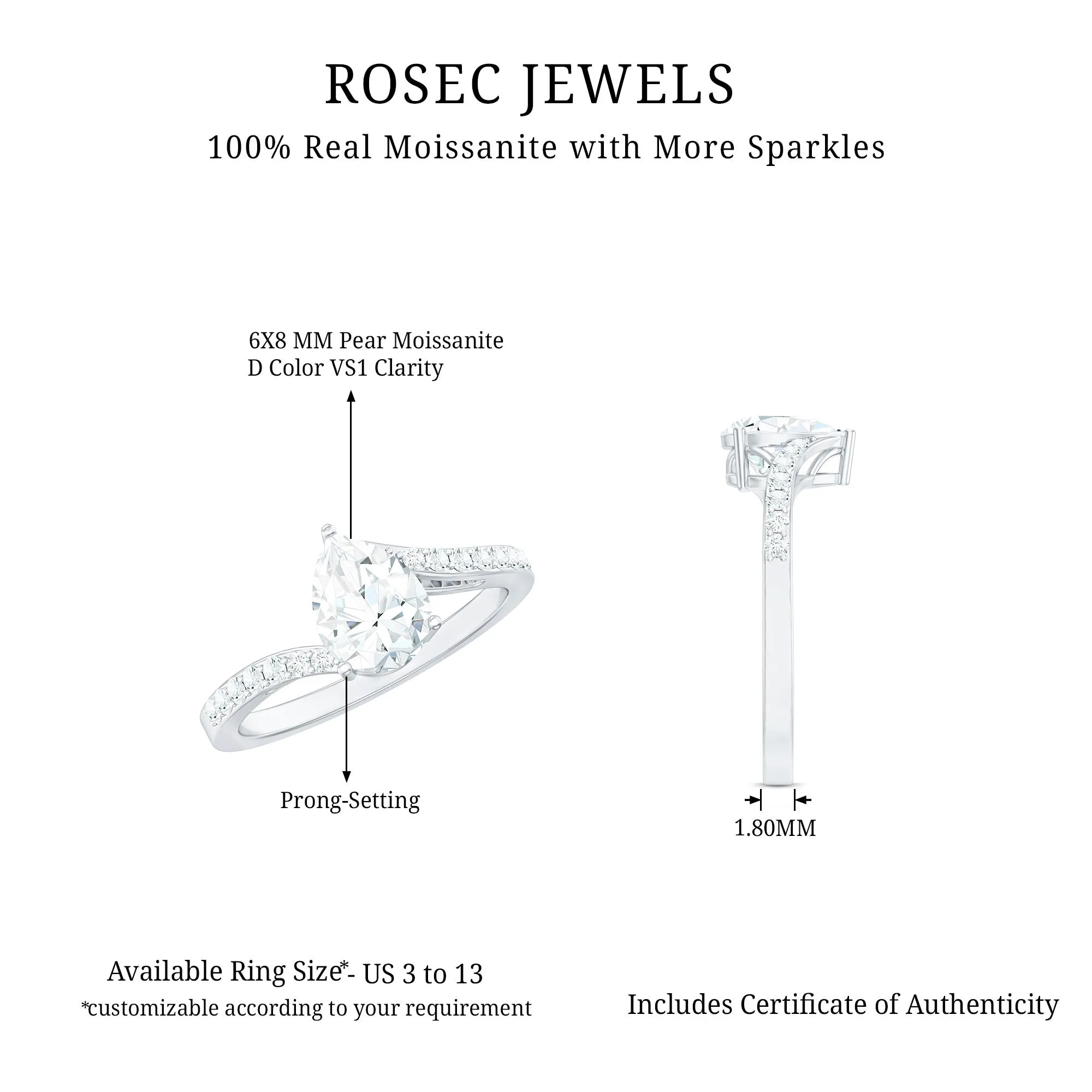 Pear Shape Moissanite Solitaire Bypass Engagement Ring