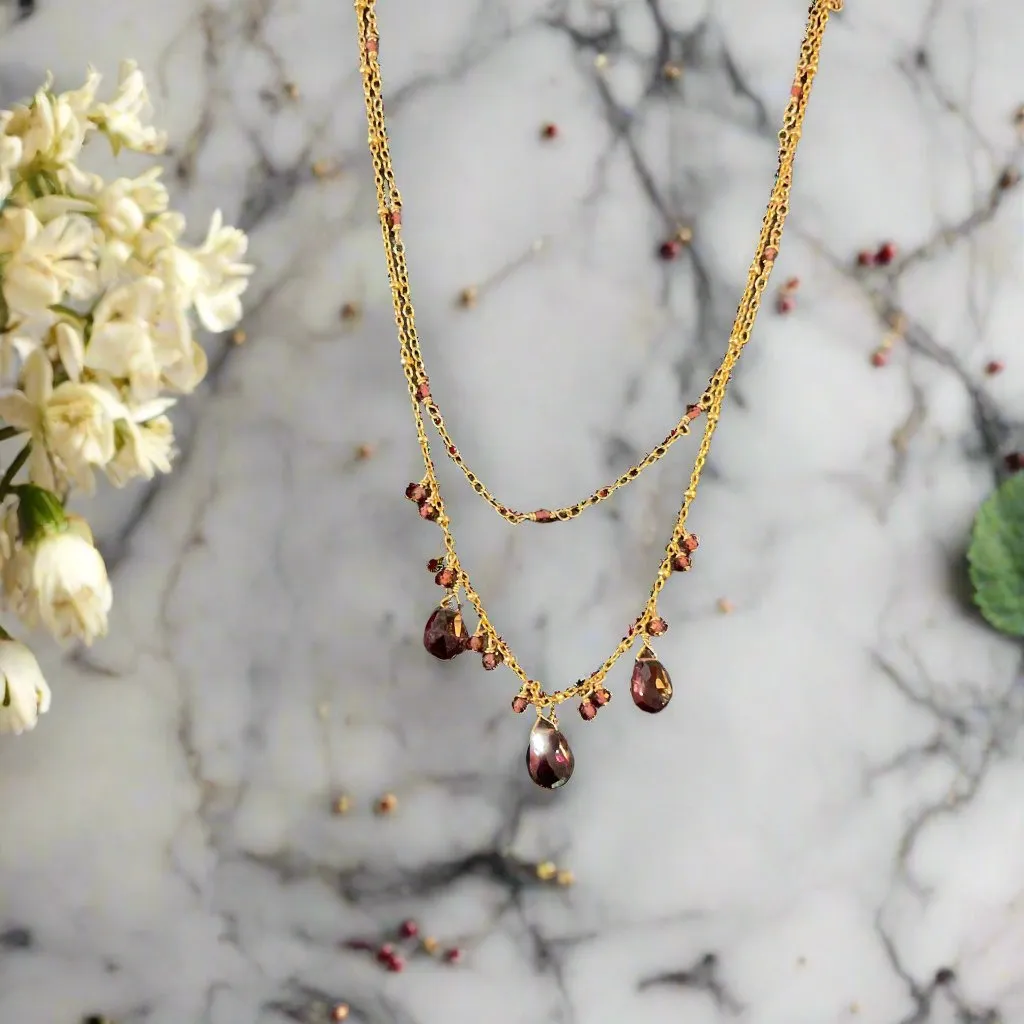 Pom Jewelry Set Of Two Pink Garnet Necklaces In Gold Fill- PNPK23