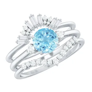 Real Aquamarine Designer Trio Wedding Ring Set with Diamond