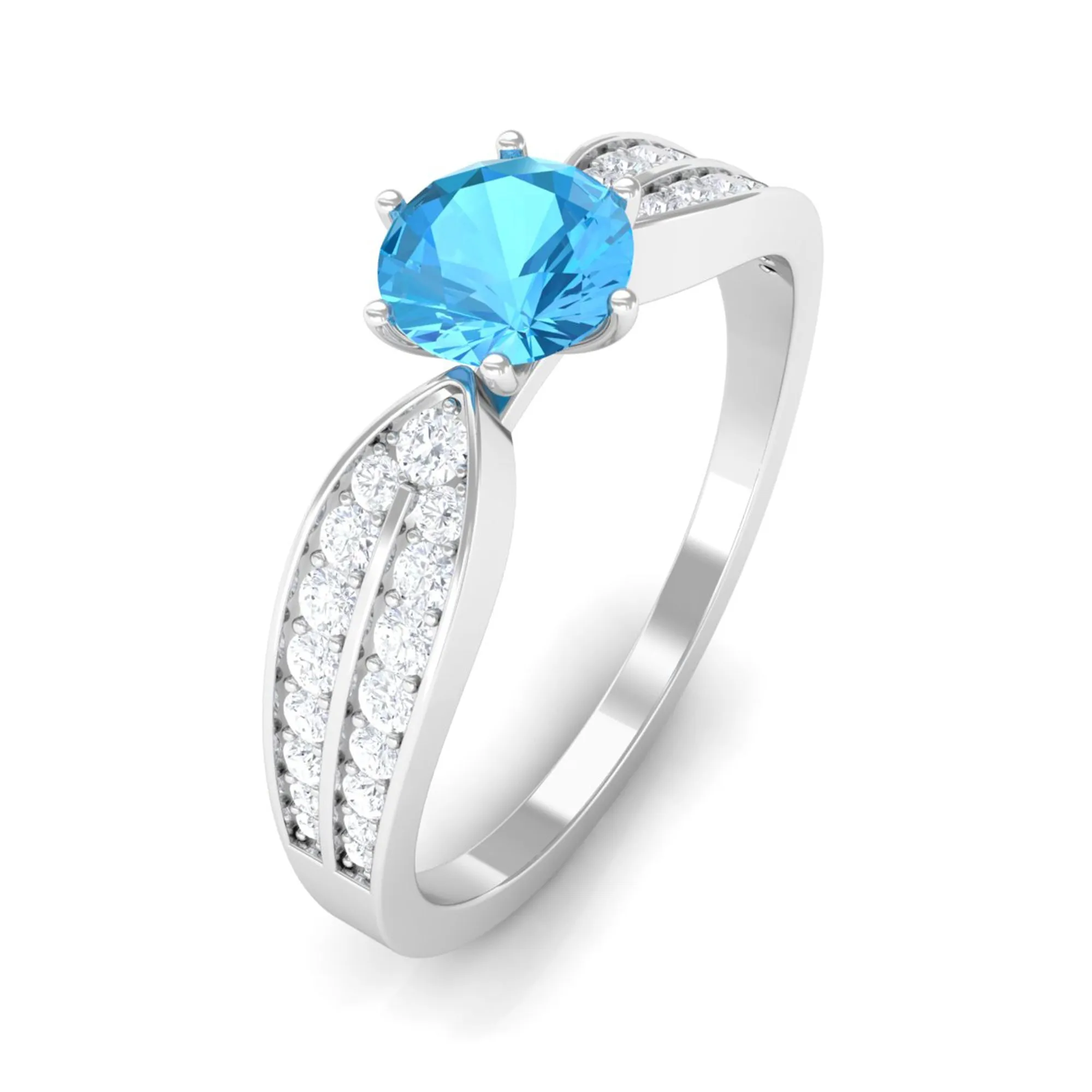 Swiss Blue Topaz Engagement Ring with Diamond Side Stones