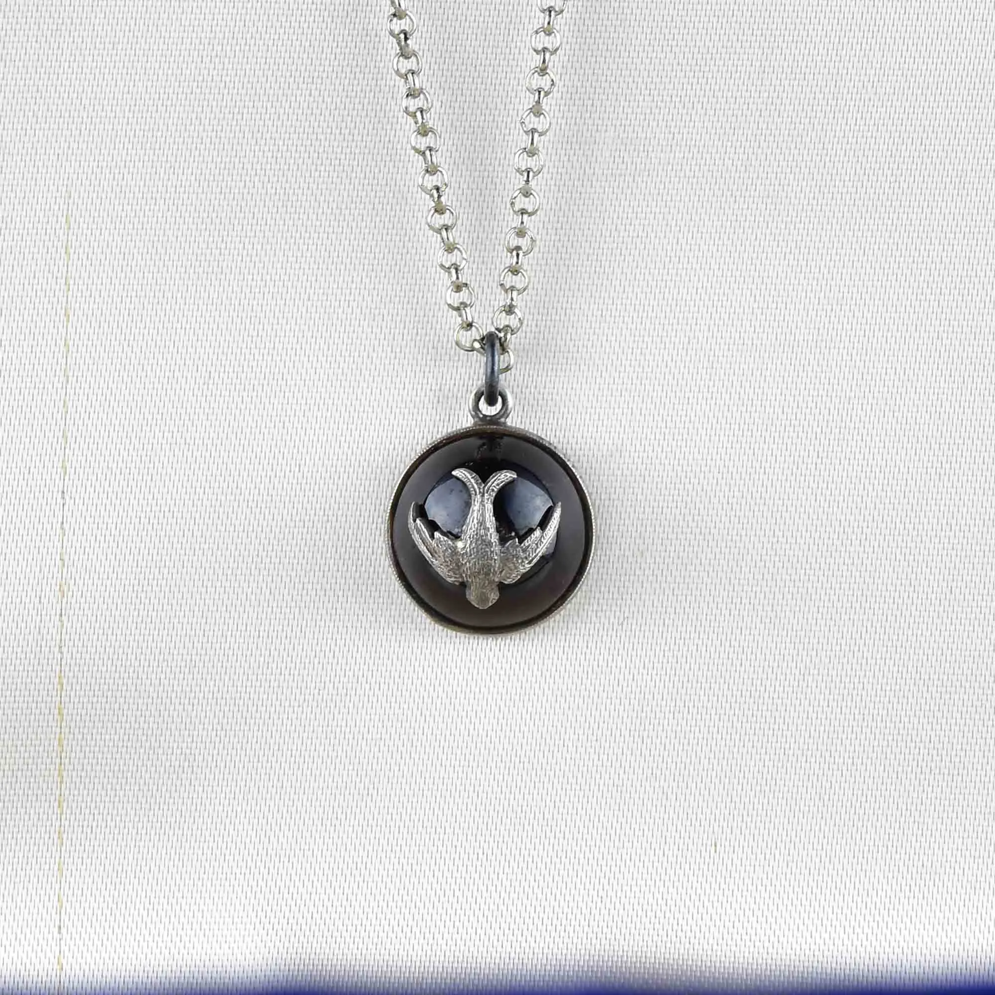 Vintage Silver Domed Garnet Swallow Pendant Necklace