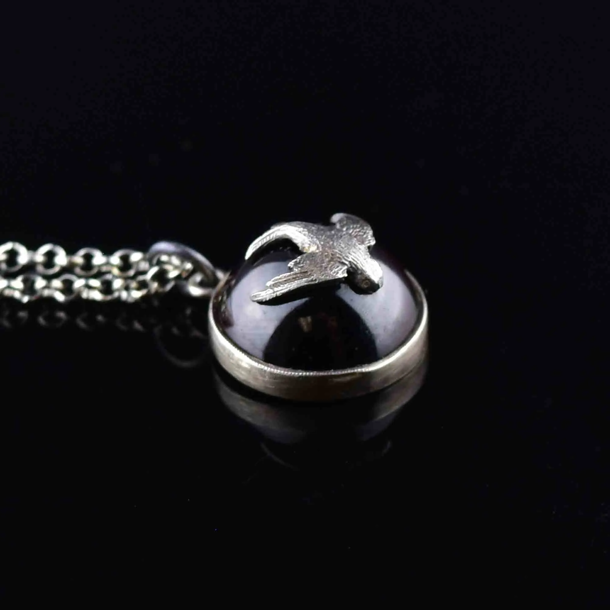 Vintage Silver Domed Garnet Swallow Pendant Necklace