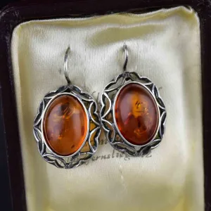 Vintage Silver Heart Amber Cabochon Statement Earrings