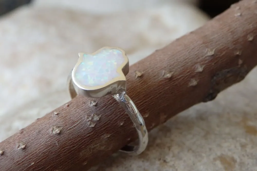 White Fire Opal Hamsa Ring